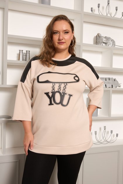 Plus Size Leather Detailed Printed Blouse