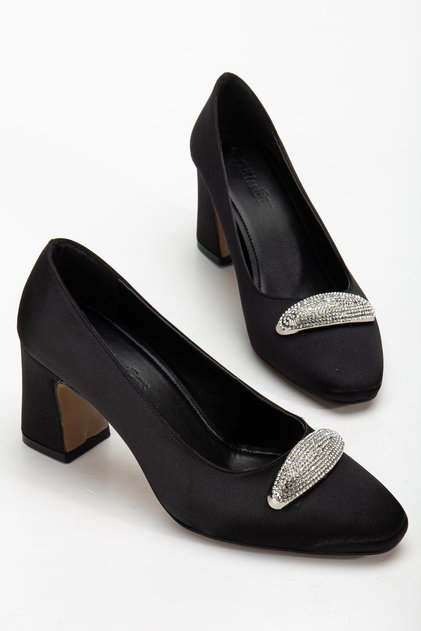 Women's Siletto Heeled Shoes Black Satin Stone Thick Heeled