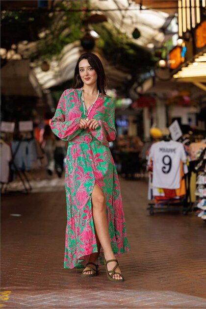 Green Color Floral Patterned Bohemian Dress with Button and Belt Detail