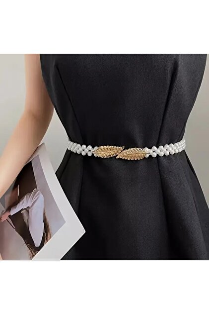 MREN AKSESUAR Gold Leaf Metal Buckle Pearl, Elastic Belt- Trendyol