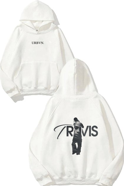 Travis Shadow Design Printed Oversize White Hooded Sweatshirt