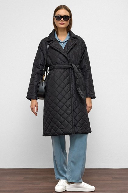 Belted Double-Breasted Quilted Coat with Snap Closure Black 6786