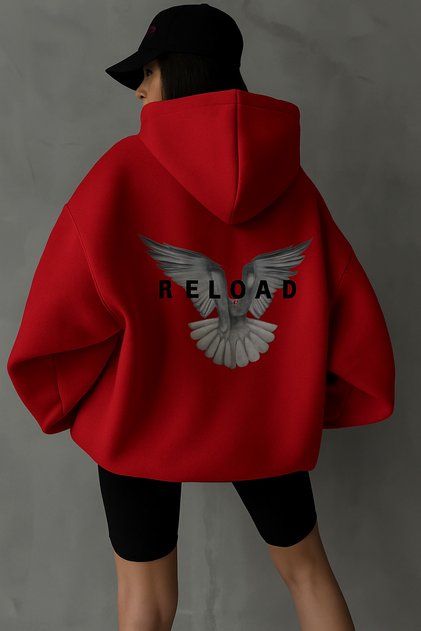 Unisex Oversize Hooded Sweatshirt with Back Wing and Reload Lettering Print Casual Streetwear