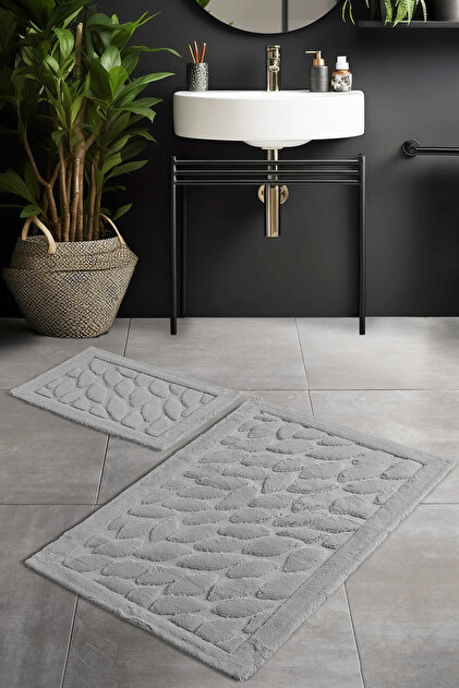 Cotton Bath Mat Set Leaf Gray