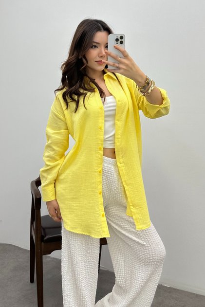 Kadın Tereyağı Sarısı Oversize Basic Müslin Gömlek