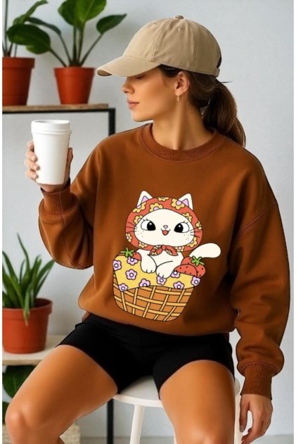 Unisex Long Sleeve Cat in the Basket Front Transfer Printed Crew Neck Sweatshirt
