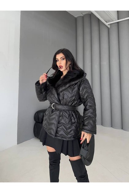 Kadın Kemerli İçi Kürklü Siyah Şişme Mont