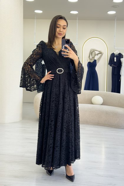 Women's Double Breasted Collar Belt Detailed Lace Long Sleeve Midi Dress Black, Cobalt Blue, Purple, Plum, White, Burgundy