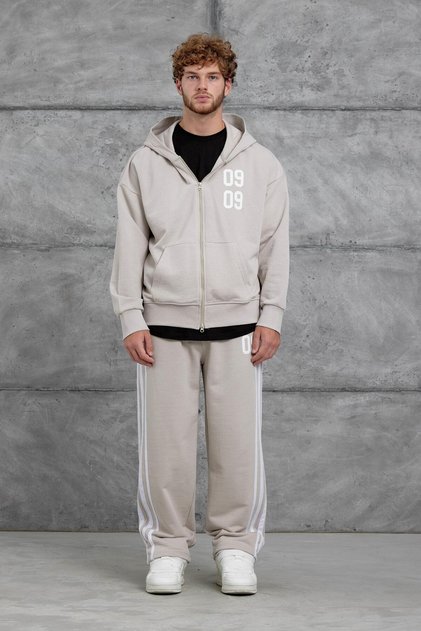 Men's Tracksuit Set 0909 Cream Oversize Printed Loose Fit 3 Yarns Without Drawstrings