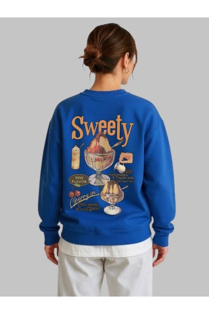 Unisex Long Sleeve Sweety Ice Cream Back Transfer Printed Crew Neck Sweatshirt