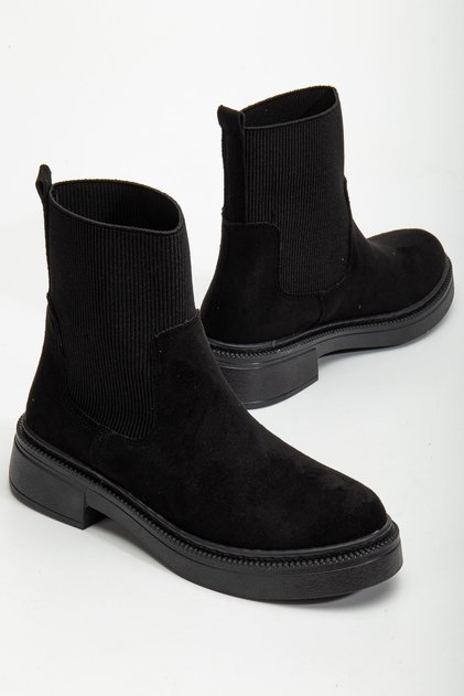 Women's Thick Sole Black Suede Elastic Side Band Casual Boots