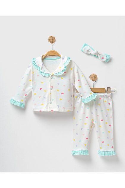 Heart Patterned Ruffled 3-Piece Baby Girl Pajama Set (6-24 Months)