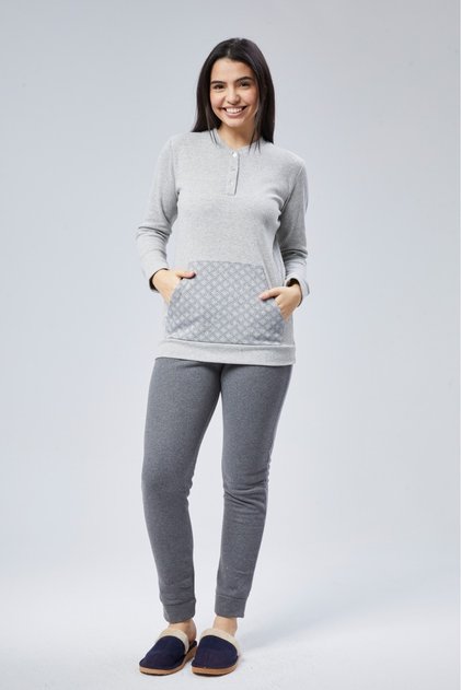 Mooncover Women's Winter Kangaroo Pocket Pajama Set Gray