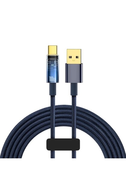 Cablu USB la USB-C, 100 W PD, încărcare rapidă, transfer de date, 2 m, ranforsat, albastru închis