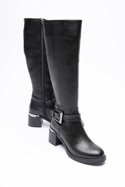 Velmira Women's Black Leather Zippered Platinum Buckle Thick Heeled Boots (6cm)