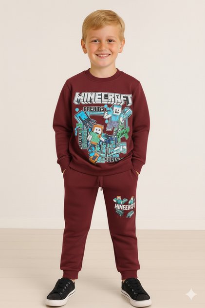 Minecraft Game Desenli Mavi Renkli Erkek Çocuk Şardonlu Sweatshirt Takım