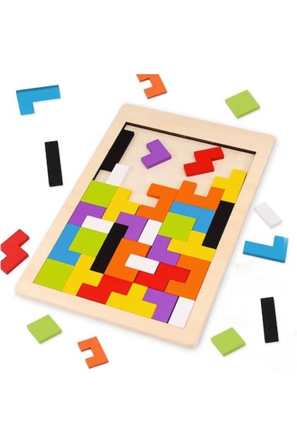 Puzzle Montessori din lemn Tangram Tetris, lemn, 40 piese