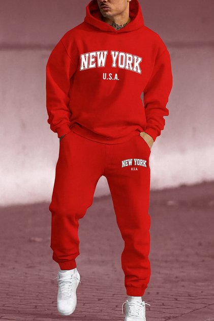 New York U.S.A. Printed Men's Tracksuit Set Hooded Sweatshirt and Jogger Pants