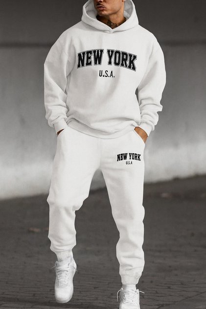 New York U.S.A. Printed Men's Tracksuit Set Hooded Sweatshirt and Jogger Pants