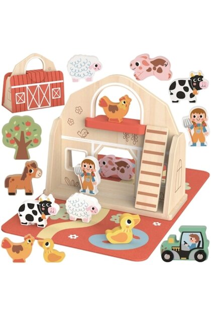 Set Ferma din Lemn Portabila CIUPIGo® – 11 Figurine si Accesorii, Casa Pliabila cu Maner