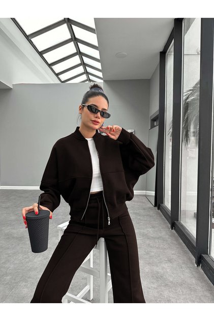 Kadın 3 İplik Fermuarlı Trend Model Bomber Hırka Takım