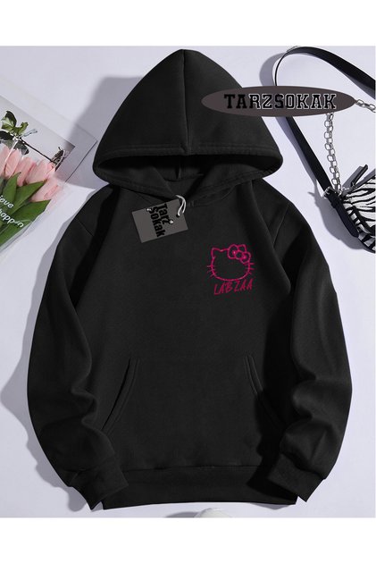 Kapşonlu Sweatshirt Siyah LABZA HELLO KİTTY Özel Tasarım