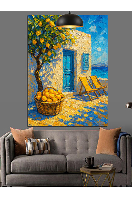 Artmeg Limon Ağaçlı Akdeniz Evi Dekoratif Kanvas - Mdf Ahşap Tablo