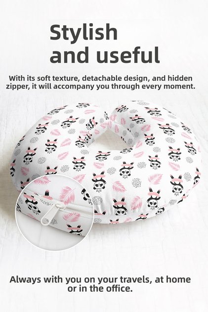 Panda Patterned Cotton Neck Pillow - Cute Kids & Adults Pink White Travel Pillow