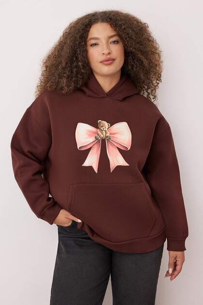 Brown Bow&Teddy Bear Printed Oversize Large Size Sweatshirt with Fleece Inside Tbbaw26Ao00013