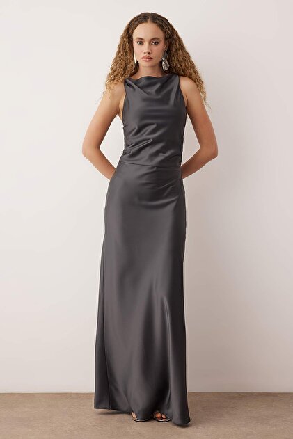 Trendyol Collection Anthracite Bodycon Woven Satin Maxi Evening Dress &  Graduation Dress Tprss25Ae00066- Trendyol