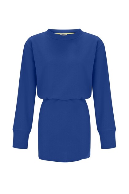 Luna Women's Navy Blue Elastic Waist Skirt Oval Mini Slit Detailed Long Sleeve Sweat Dress