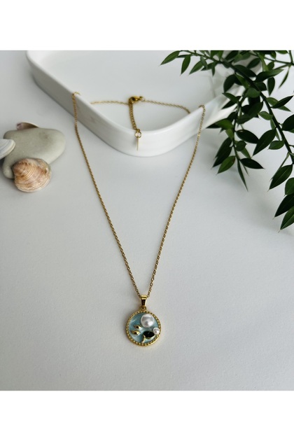 Stainless Tarnish Free 316L Steel Pearl Vintage Painting Gold Zircon Stone Chain Necklace