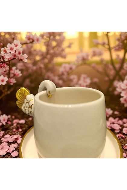 4 Piece Gilded Swan Handle Special Design Handmade Ceramic Coffee Cup Set