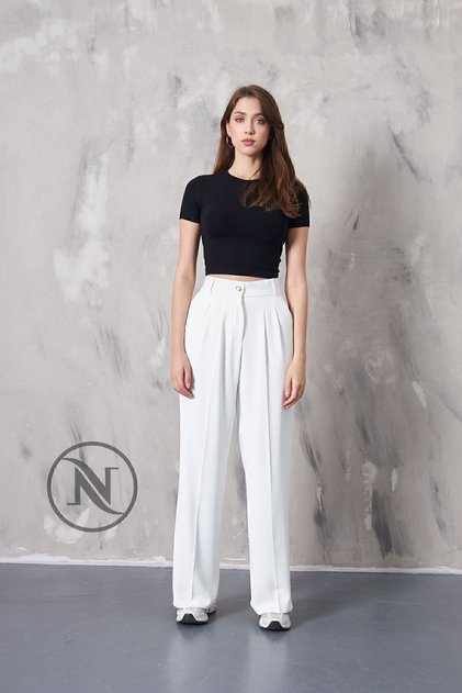 NW BUTIK، بلوزة مطوية بأزرار بنطلون واسع الأرجل LD