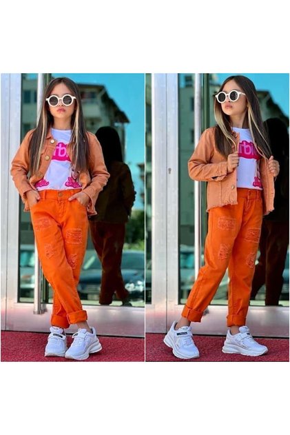 Girl's Orange Denim Jacket / Orange Denim Trousers / Printed T-Shirt 3-Piece Combination - Festive - Seasonal