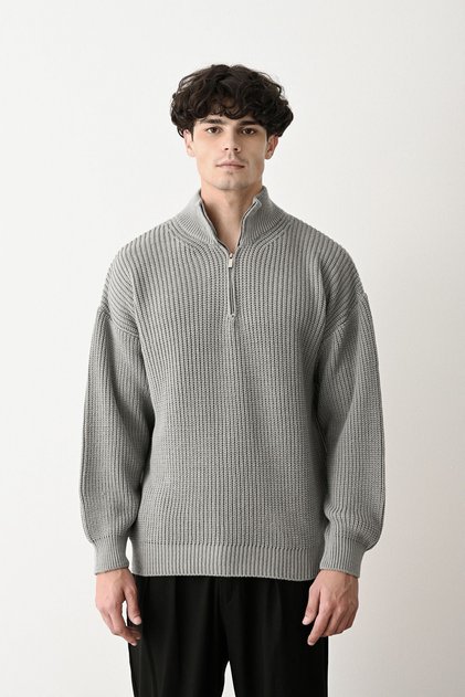 Zippered Gray Stand Collar Basic Oversize Sweater