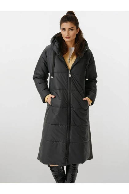 hazelin Kadın Siyah Kapşonlu Uzun Oversize Şişme Mont HZL22W