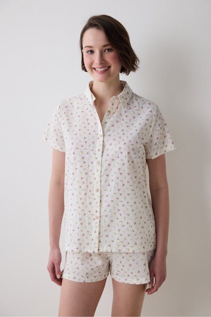 Blossom Cotton Shirt Shorts Ecru Pajama Set