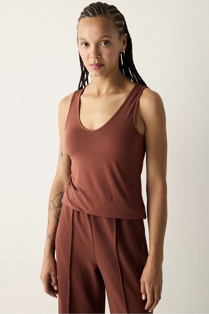 Brown V-Neck Soft Fabric Sleeveless Top