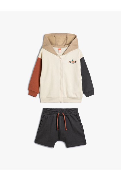 Hooded Zippered Sweatshirt and Shorts Set Cotton
