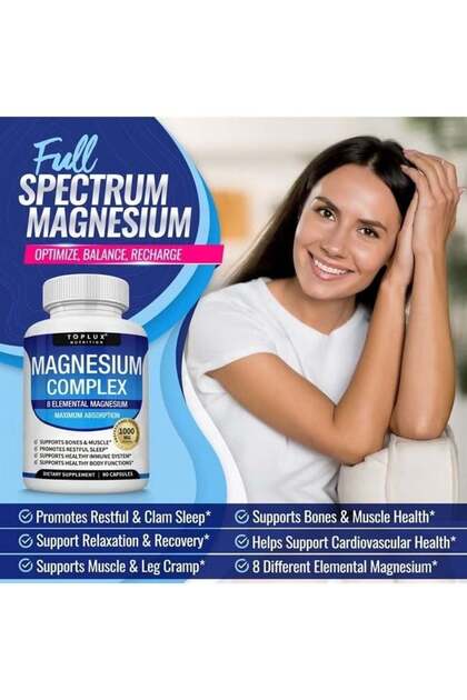 Magnesium Complex Supplement 8 Elemental 1000mg - Citrate, Malate for Easy Absorption for Bones, Muscle, Recovery, Energy, Vegan Non-GMO 90 Capsules A