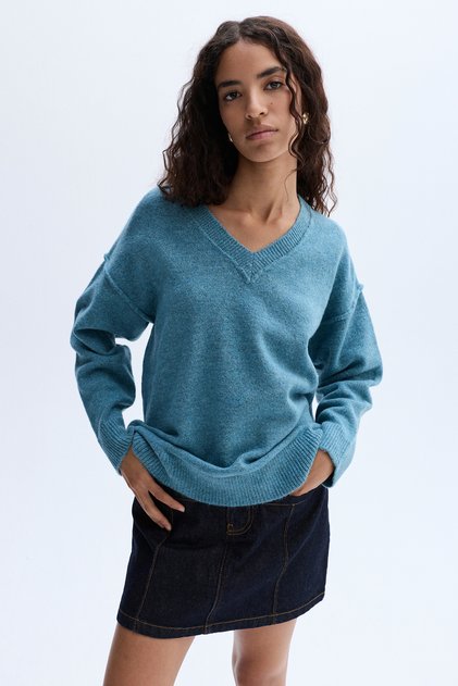 Women's Blue Loose Fit V-Neck Sweater