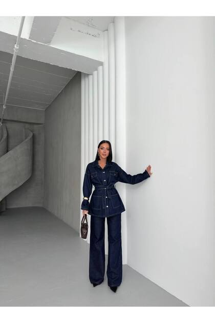 Set din denim pentru femei, bleumarin închis, oversize, cu detaliu cu legare