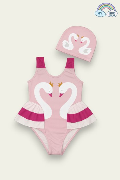 Elegant Swan Print Three Layers Ruffle Detailed Boned Girls' Swimsuit