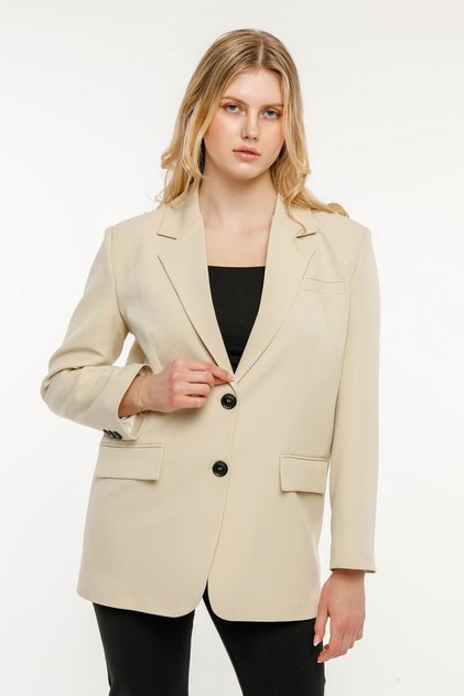 Taş Rengi Kadın Düğmeli Oversize Blazer Ceket