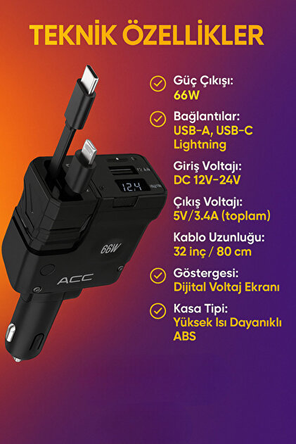 ACL 66W Süper Hızlı Şarjlı Araç Şarj Cihazı | | USB + Type-C +