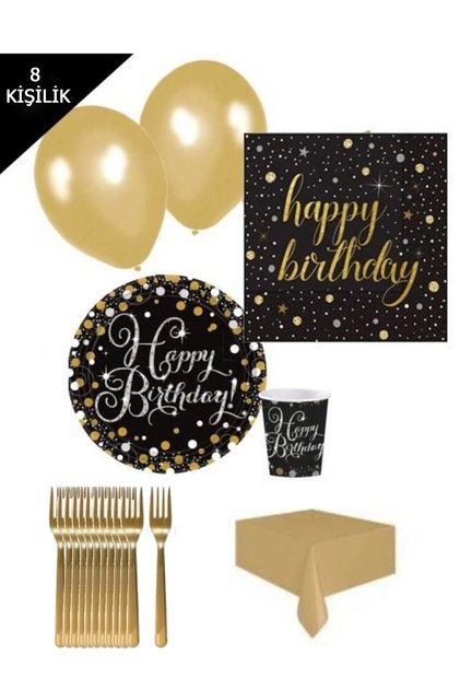 8 Person Gold Black Party Supplies Set 10 Balloons, 8 Plates, Cups, Forks, 1 Cover Adult Birthday