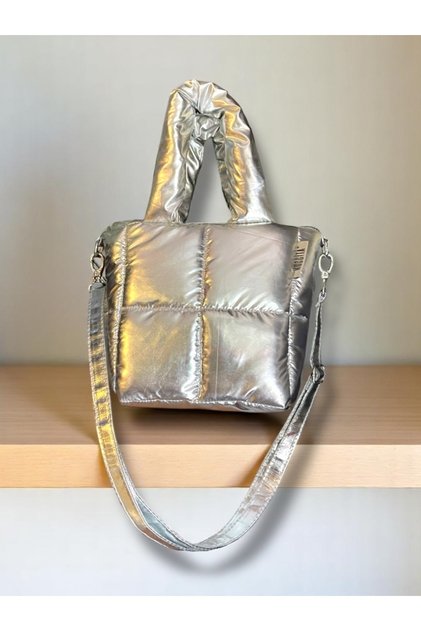 Nuggıta Women's Bag Shiny Metallic Gray - Piccolo Quadrato - Waterproof Puffer Bag