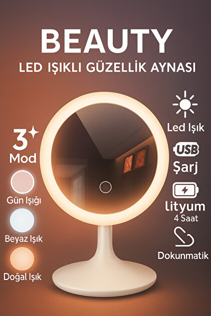 Oval Stil Led Işıklı Portatif 3 Modlu Makyaj Aynası Masa Lambası Masa Aynası 1 Adet