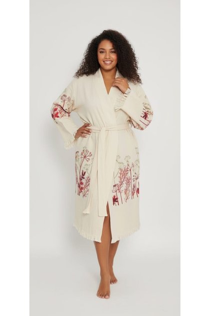 CURVE (BÜYÜK BEDEN) Müslin Kumaş %100 Pamuklu Desenli Cepli Kimono Sabahlık Bornoz